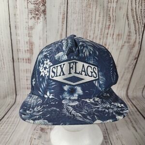 Six Flags Texas Cap Hat Snapback Trucker Flower Floral Pattern Blue Polycotton
